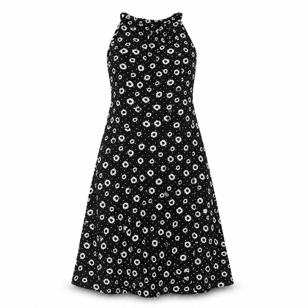 Front view of Miss Selfridge women’s black geometric viscose a-line, size UK 8, halter tie - floral print