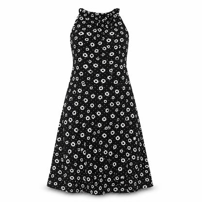 Front view of Miss Selfridge women’s black geometric viscose a-line, size UK 8, halter tie - floral print