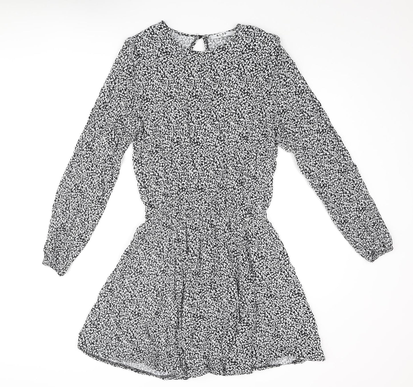 NA-KD Womens Black Geometric Viscose A-Line Size 8 Round Neck Button