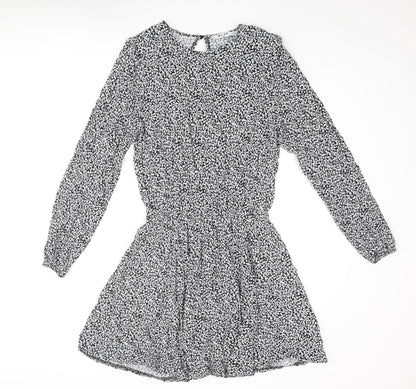 NA-KD Womens Black Geometric Viscose A-Line Size 8 Round Neck Button