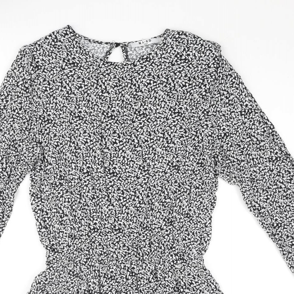 NA-KD Womens Black Geometric Viscose A-Line Size 8 Round Neck Button