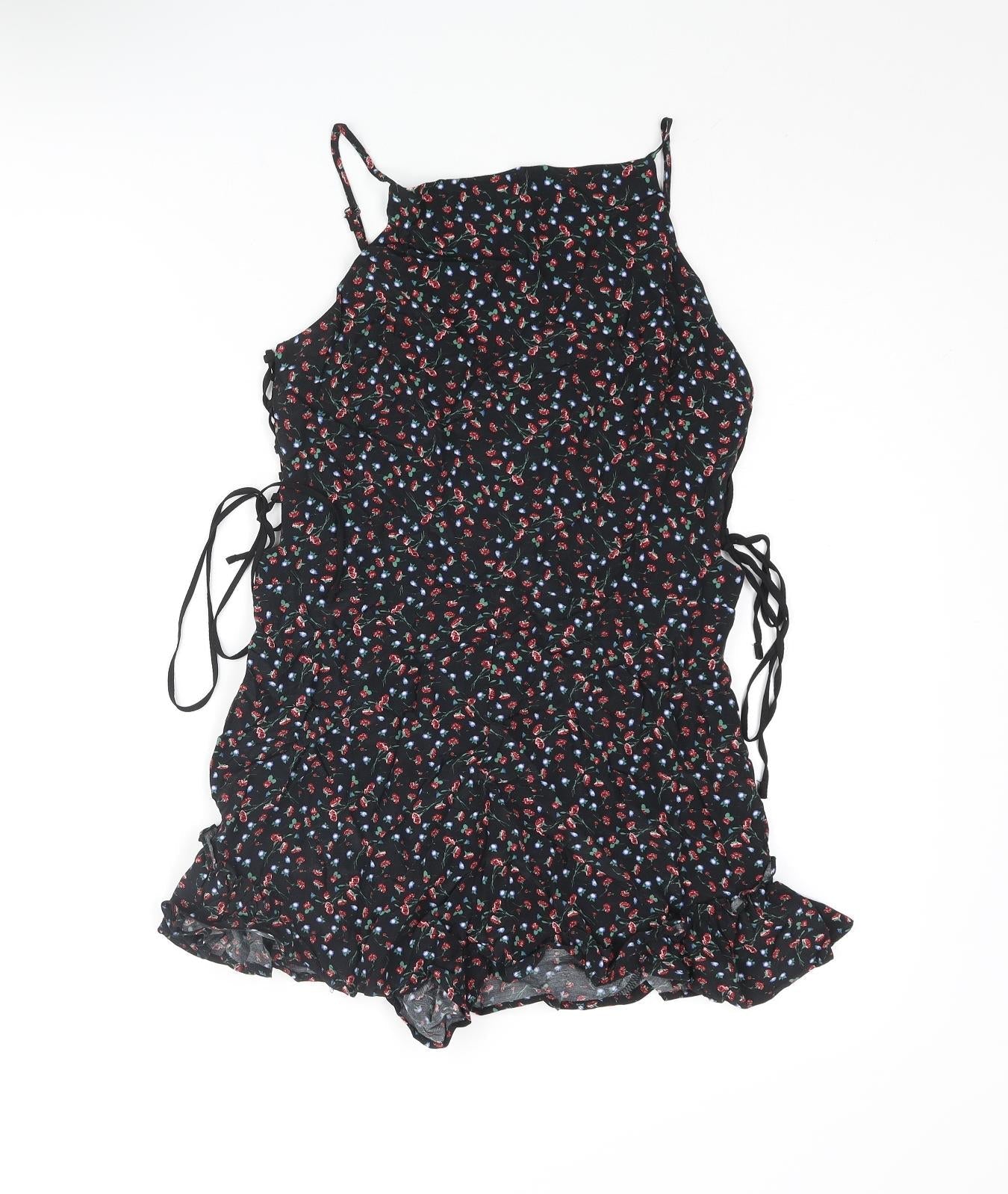 Topshop Womens Black Floral Vinyl Playsuit One-Piece Size 10 Zip - Lace Up Tie Frill