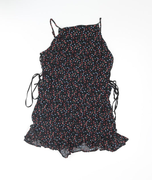 Topshop Womens Black Floral Vinyl Playsuit One-Piece Size 10 Zip - Lace Up Tie Frill