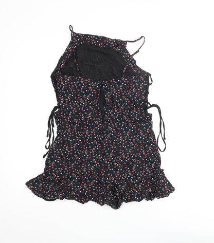 Topshop Womens Black Floral Vinyl Playsuit One-Piece Size 10 Zip - Lace Up Tie Frill