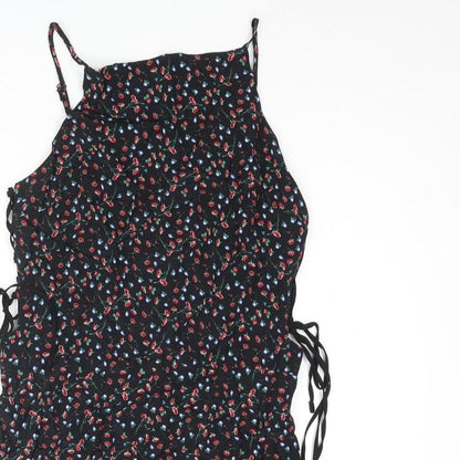 Topshop Womens Black Floral Vinyl Playsuit One-Piece Size 10 Zip - Lace Up Tie Frill