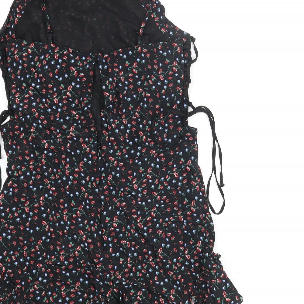 Topshop Womens Black Floral Vinyl Playsuit One-Piece Size 10 Zip - Lace Up Tie Frill