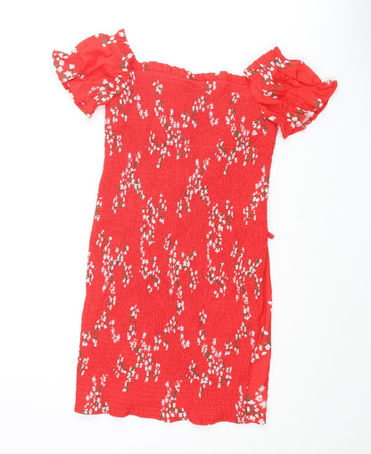 Kiss the Sky Womens Red Floral Polyester Mini Size M Sweetheart Tie - Rouched Frill