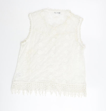 oman Womens Ivory Polyester Basic Blouse Size 14 Round Neck - Lace