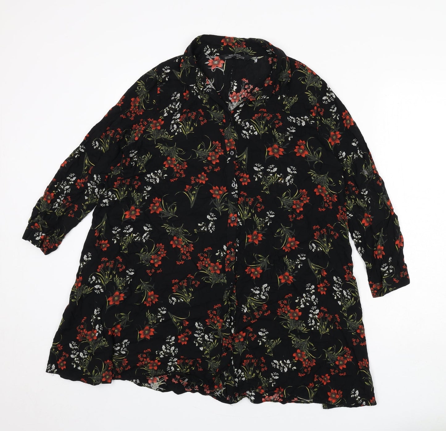 Zara Womens Black Floral Polyester Shirt Dress Size M Collared Button