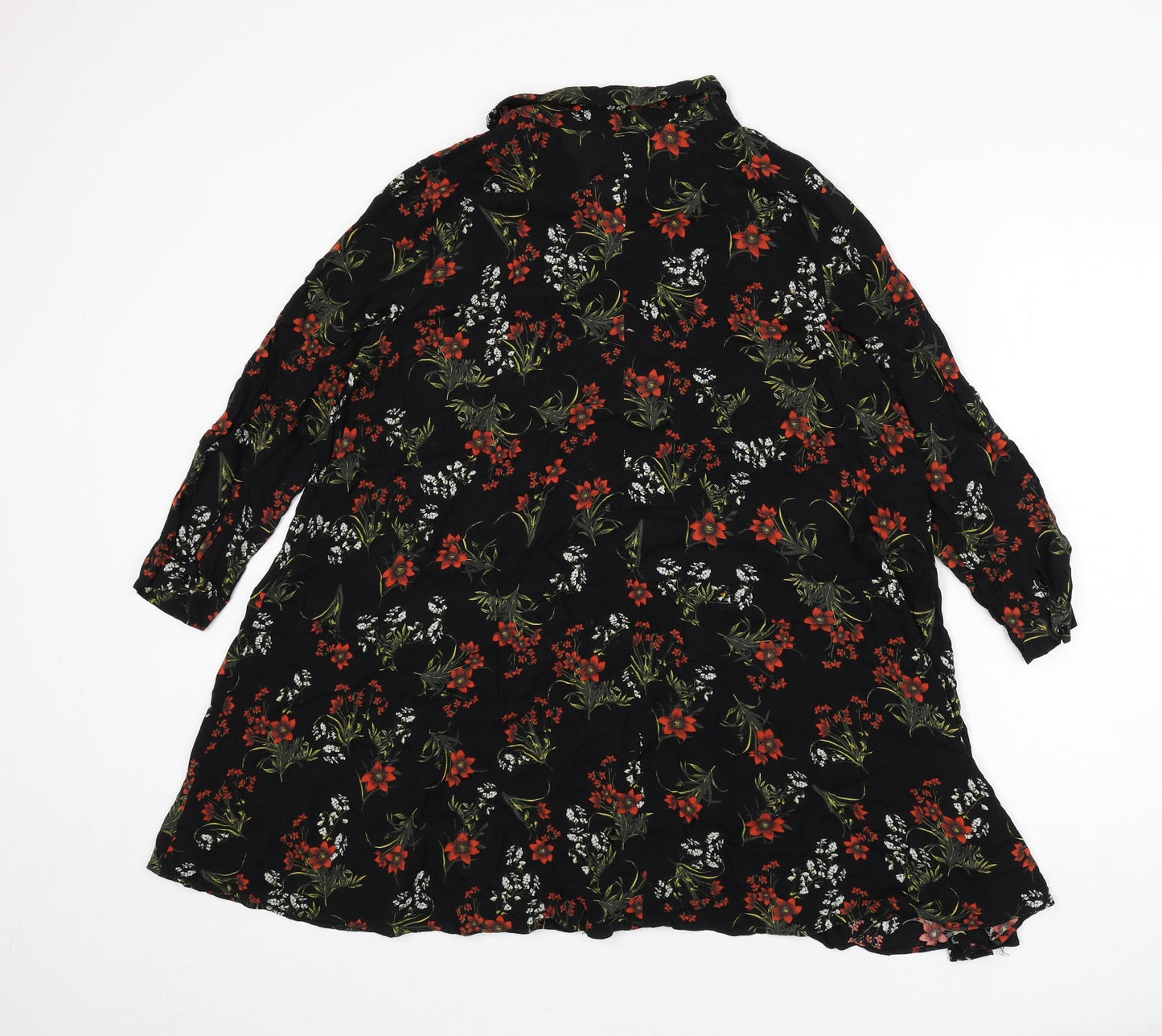 Zara Womens Black Floral Polyester Shirt Dress Size M Collared Button