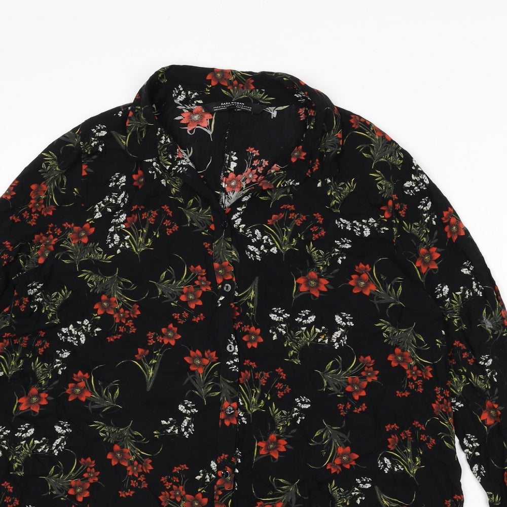 Zara Womens Black Floral Polyester Shirt Dress Size M Collared Button