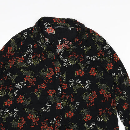Zara Womens Black Floral Polyester Shirt Dress Size M Collared Button