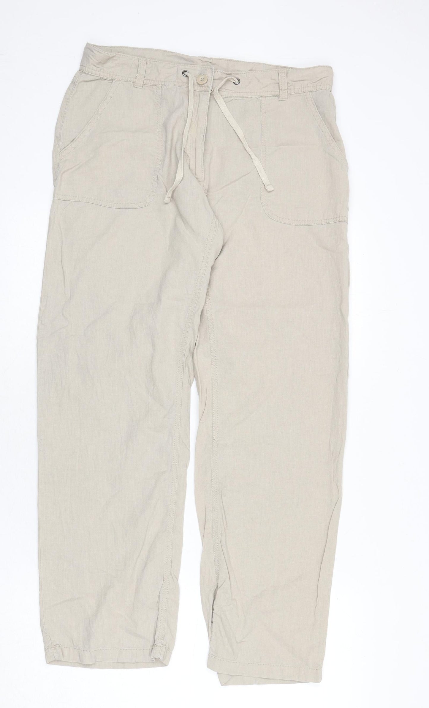 Avenue Womens Beige Linen Trousers Size M L28 in Regular Zip - Tie Front