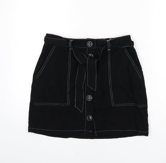 Miss Selfridge Womens Black Viscose A-Line Skirt Size 10 Button - Stitch Detail, Belt Included