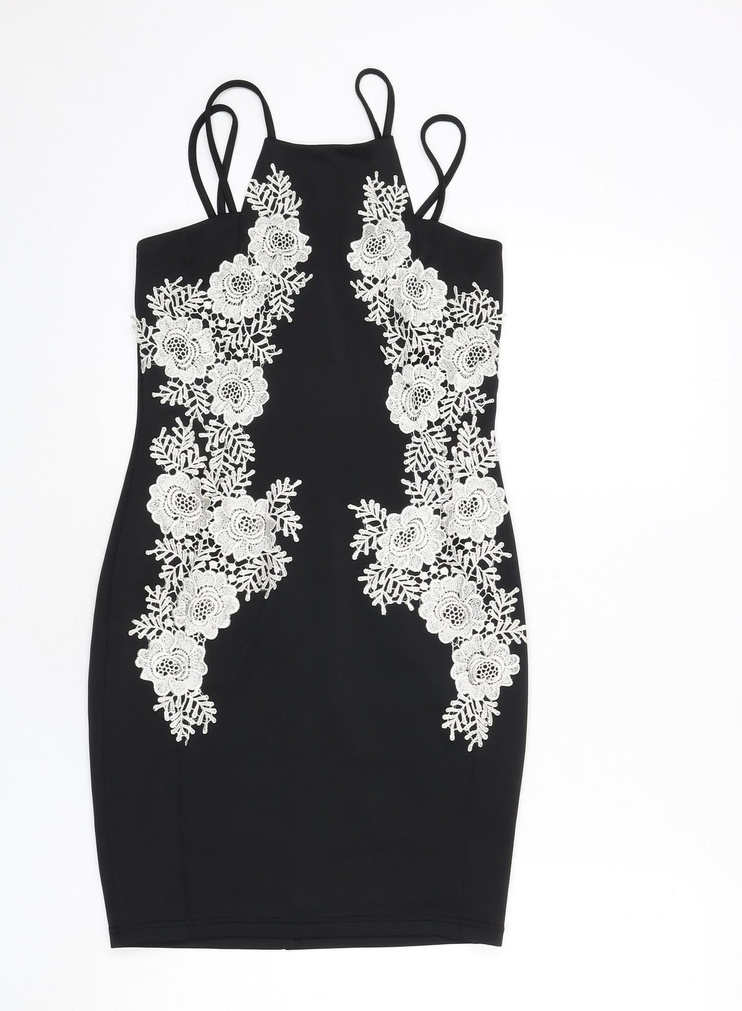 AX Paris Womens Black Polyester Bodycon Size 10 Round Neck Zip - Floral Embroidery