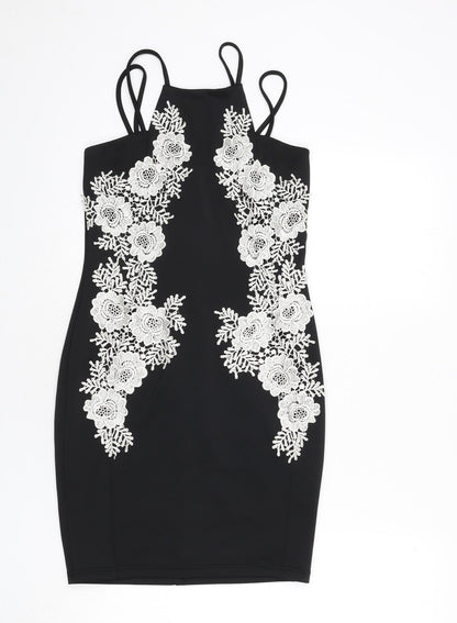 AX Paris Womens Black Polyester Bodycon Size 10 Round Neck Zip - Floral Embroidery
