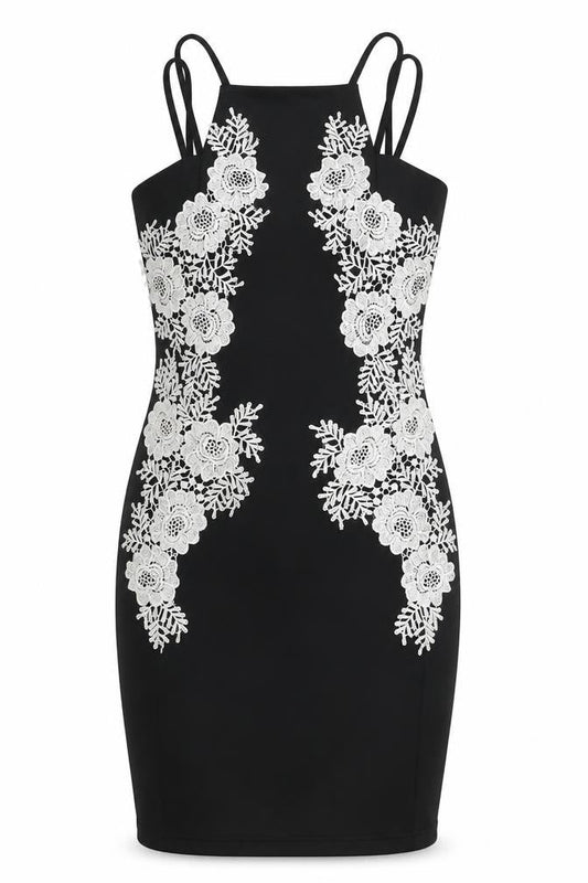 AX Paris Womens Black Polyester Bodycon Size 10 Round Neck Zip - Floral Embroidery