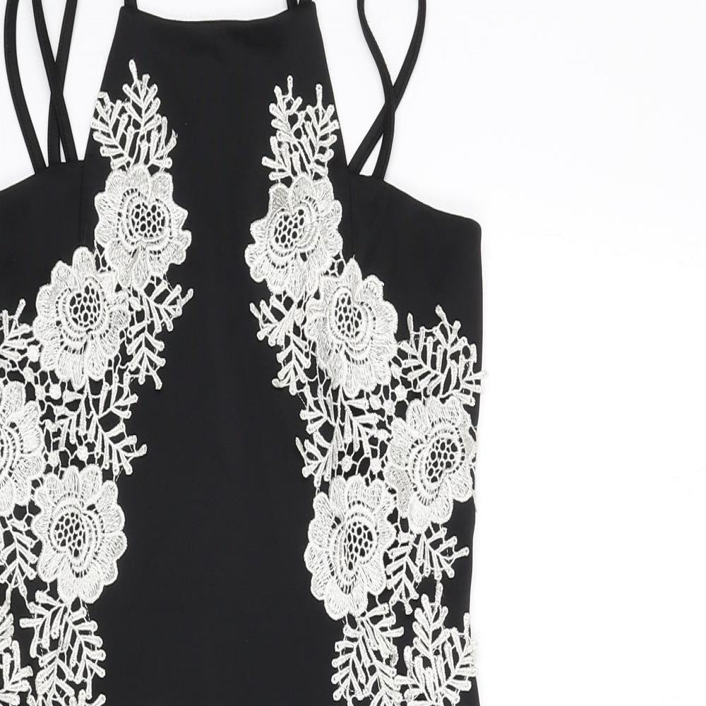 AX Paris Womens Black Polyester Bodycon Size 10 Round Neck Zip - Floral Embroidery