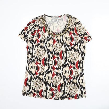 EWM Womens Multicoloured Geometric 100% Cotton Basic T-Shirt Size 14 Scoop Neck - Size 14-16, Beaded