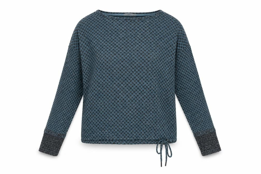 Front view of Cecil women’s blue boat neck geometric viscose jumper, size S, - drawstring waist, tie