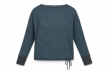Front view of Cecil women’s blue boat neck geometric viscose jumper, size S, - drawstring waist, tie