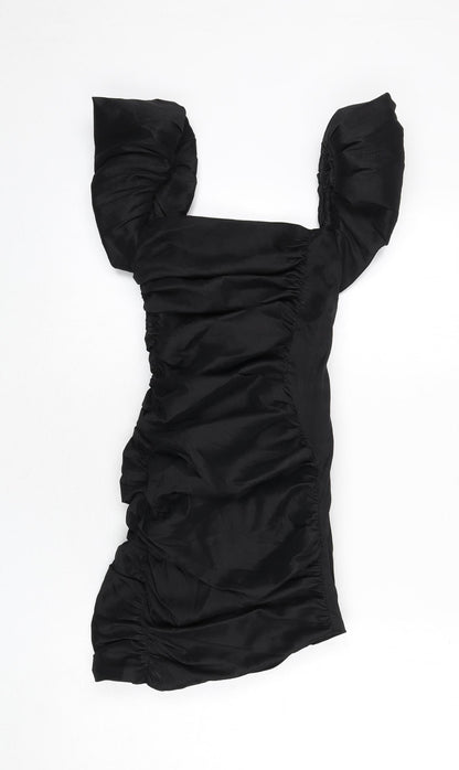 Oh Polly Womens Black Polyester Bodycon Size 6 Square Neck Zip - Mini, Ruched, Puffy