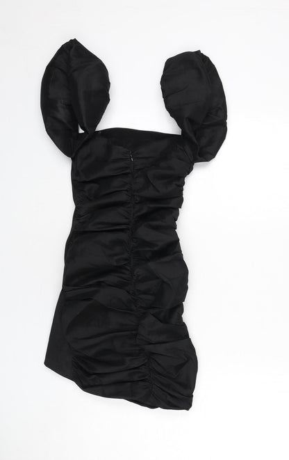 Oh Polly Womens Black Polyester Bodycon Size 6 Square Neck Zip - Mini, Ruched, Puffy