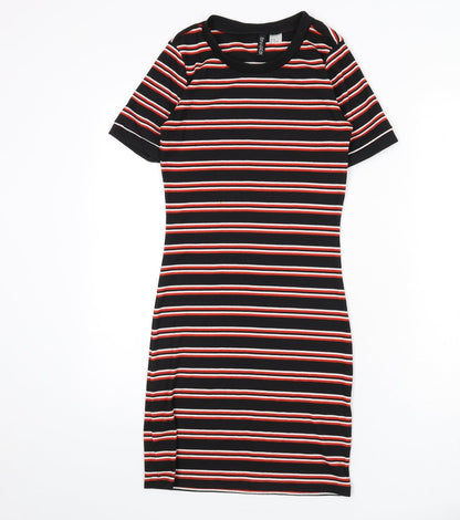 Divided by H&M Womens Black Striped Polyester Bodycon Size 8 Round Neck Pullover - Ribbed
