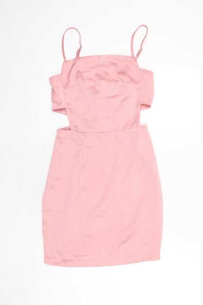 PRETTYLITTLETHING Womens Pink Polyester Mini Size 6 Square Neck Zip - Cut Out Detail