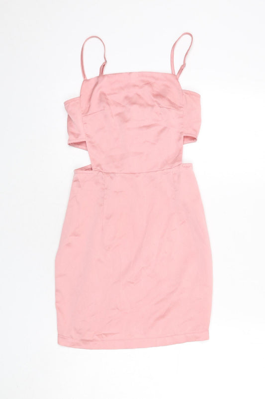 PRETTYLITTLETHING Womens Pink Polyester Mini Size 6 Square Neck Zip - Cut Out Detail