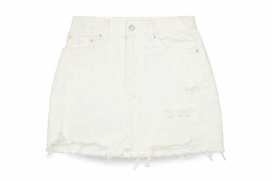 Front view of Denim & Co. women’s ivory cotton mini skirt, size UK 4, zip