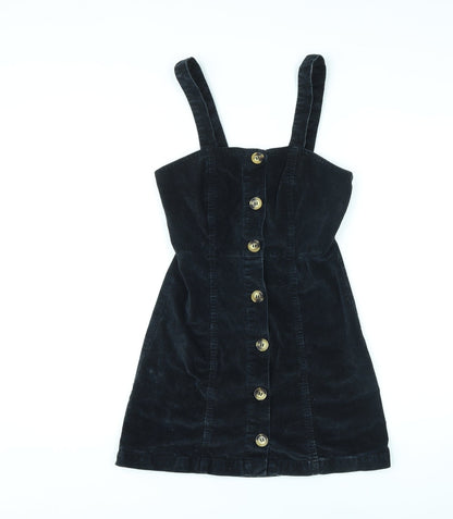 Denim & Co. Womens Black Cotton Pinafore/Dungaree Dress Size 6 Square Neck Button