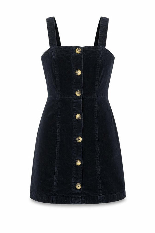 Front view of Denim & Co. women’s black cotton pinafore/dungaree dress, size UK 6, square neck button