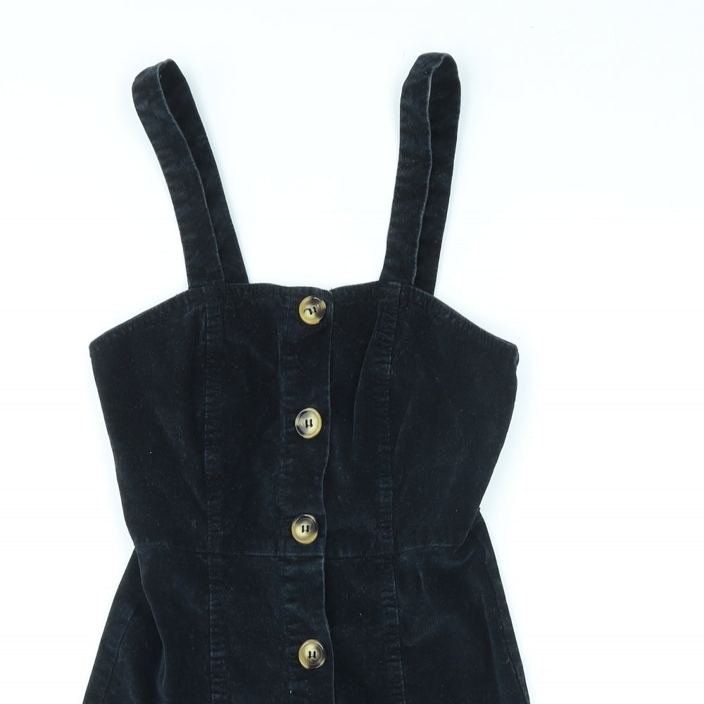 Denim & Co. Womens Black Cotton Pinafore/Dungaree Dress Size 6 Square Neck Button