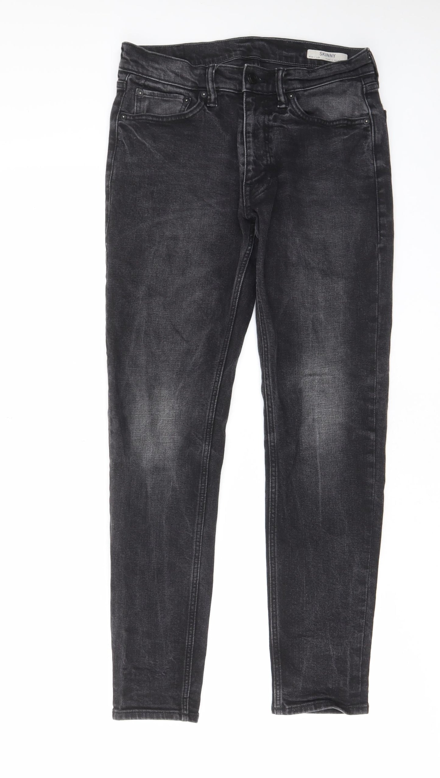 Marks and Spencer Mens Black Cotton Skinny Jeans Size 30 in L29 in Regular Zip - Pockets, Belt Loops