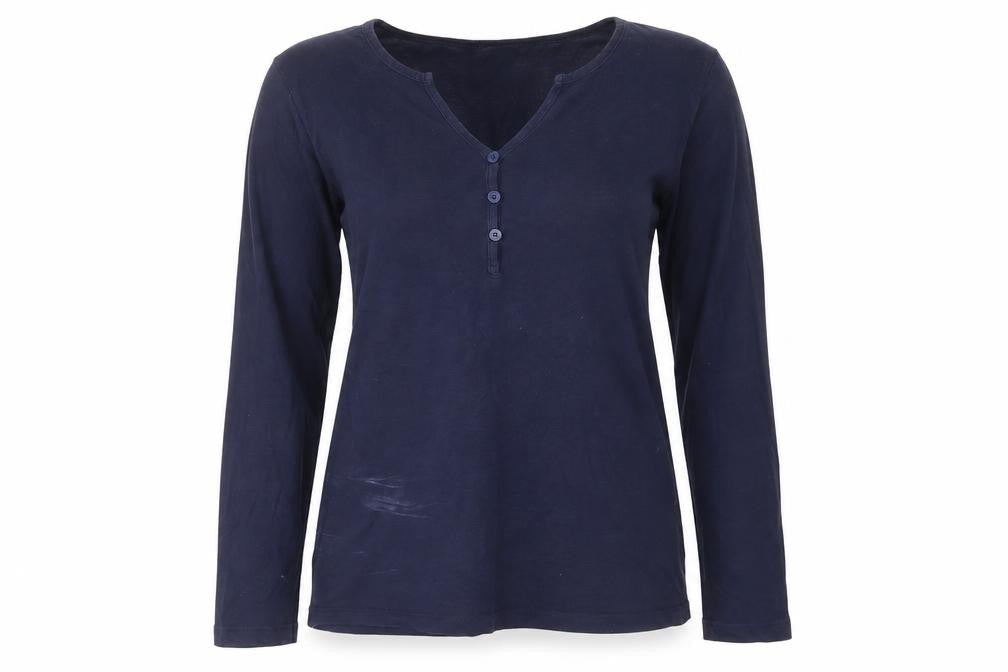 Avenue Womens Blue Cotton Basic T-Shirt Size M V-Neck - Buttons