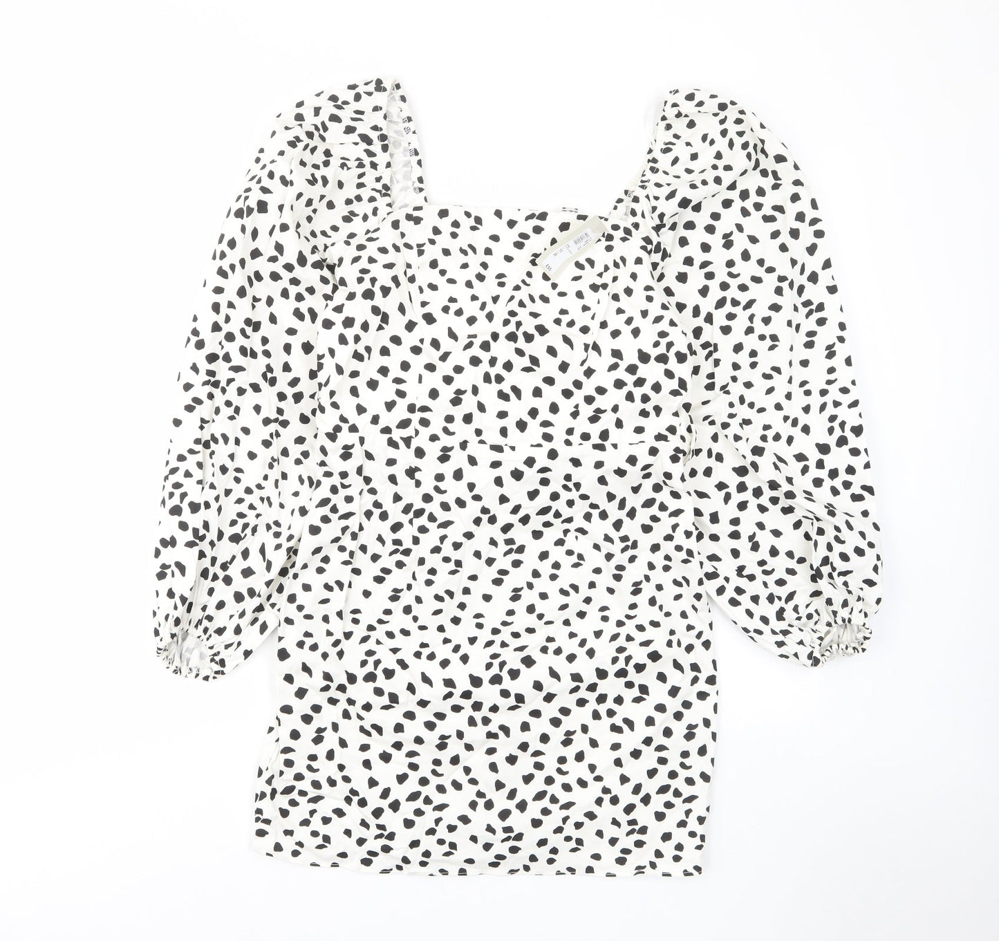 River Island Womens White Geometric Cotton A-Line Size 12 Square Neck Zip - Belted