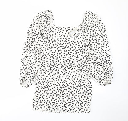 River Island Womens White Geometric Cotton A-Line Size 12 Square Neck Zip - Belted