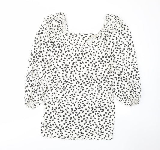River Island Womens White Geometric Cotton A-Line Size 12 Square Neck Zip - Belted