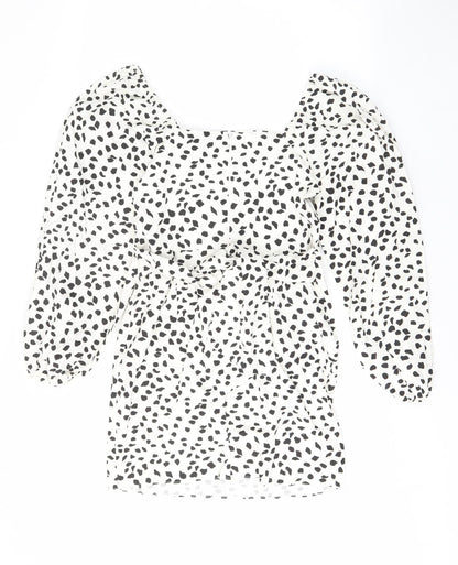 River Island Womens White Geometric Cotton A-Line Size 12 Square Neck Zip - Belted