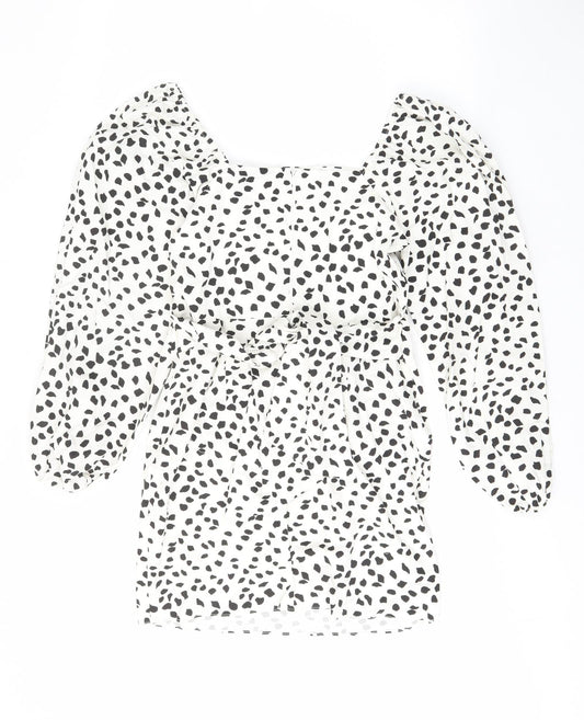 River Island Womens White Geometric Cotton A-Line Size 12 Square Neck Zip - Belted