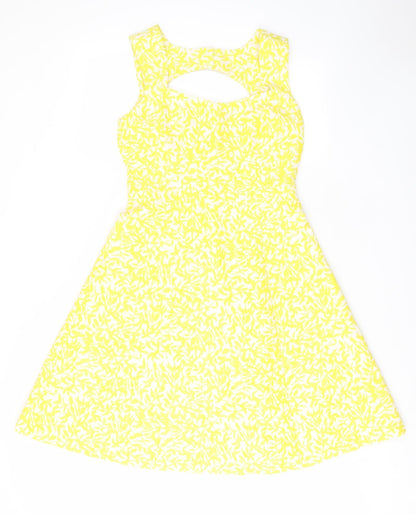 M&Co Womens Yellow Geometric Polyester Fit & Flare Size 10 Square Neck Zip