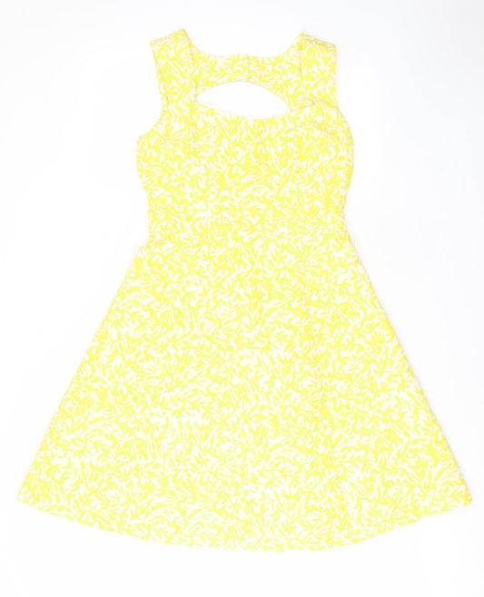 M&Co Womens Yellow Geometric Polyester Fit & Flare Size 10 Square Neck Zip