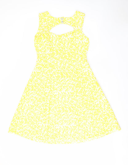 M&Co Womens Yellow Geometric Polyester Fit & Flare Size 10 Square Neck Zip