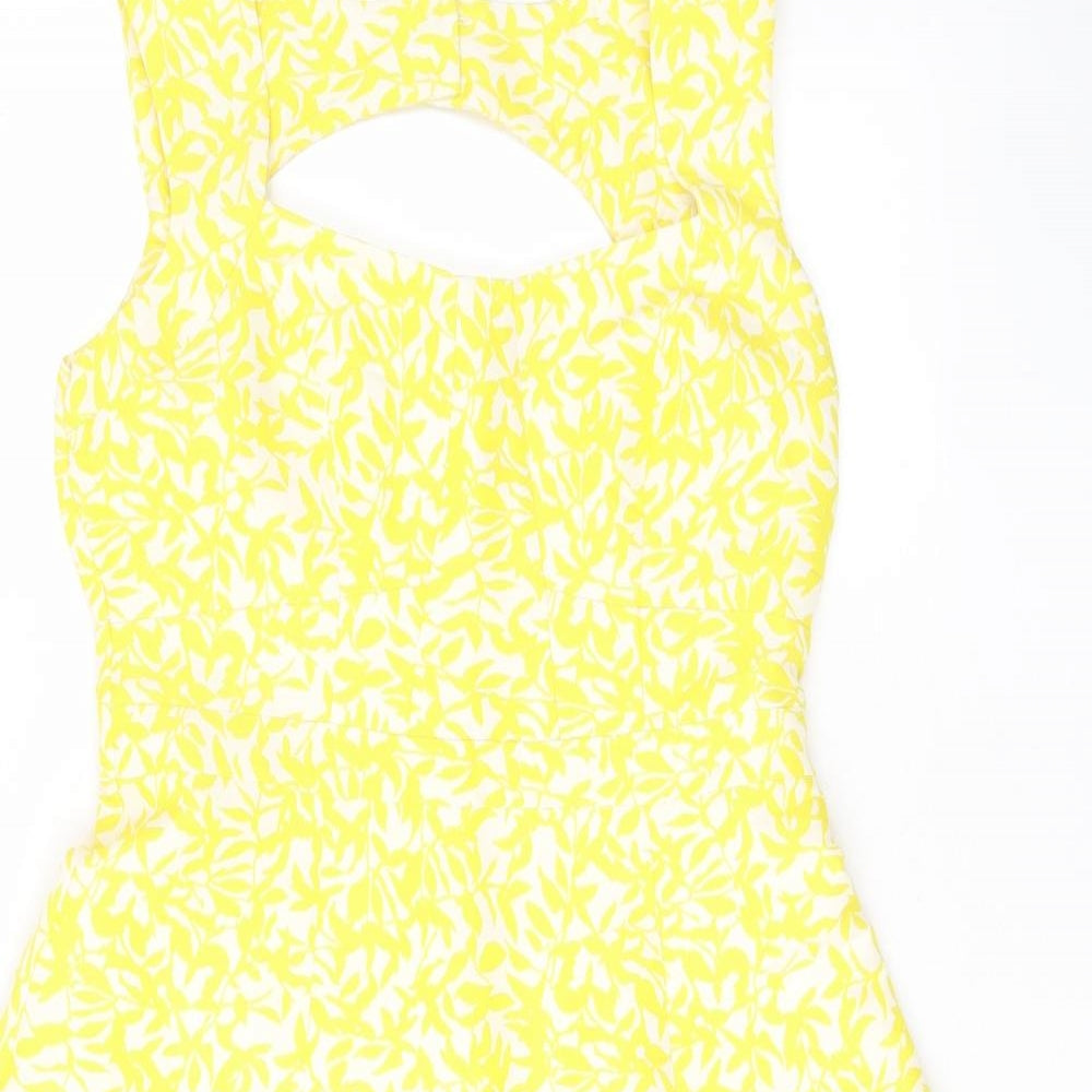 M&Co Womens Yellow Geometric Polyester Fit & Flare Size 10 Square Neck Zip