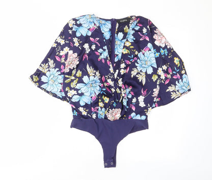 NAANAA Womens Blue Floral Polyester Bodysuit One-Piece Size 10 Zip
