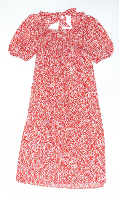 Lola May Womens Red Floral Polyester A-Line Size M Square Neck Tie - Pleated
