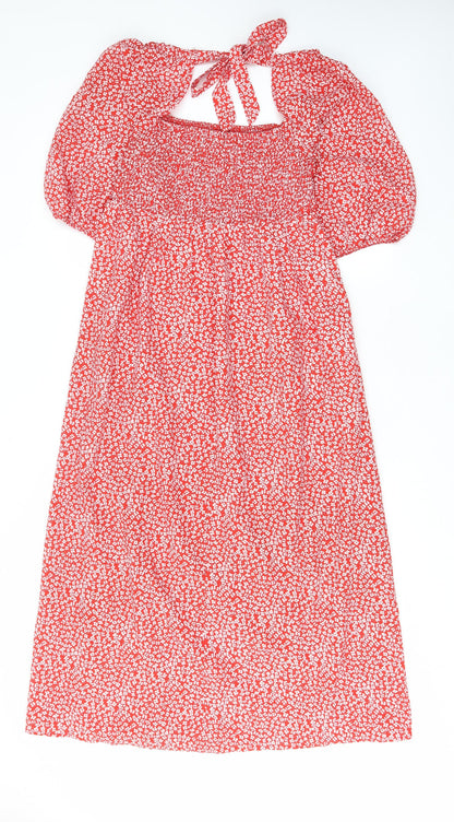 Lola May Womens Red Floral Polyester A-Line Size M Square Neck Tie - Pleated