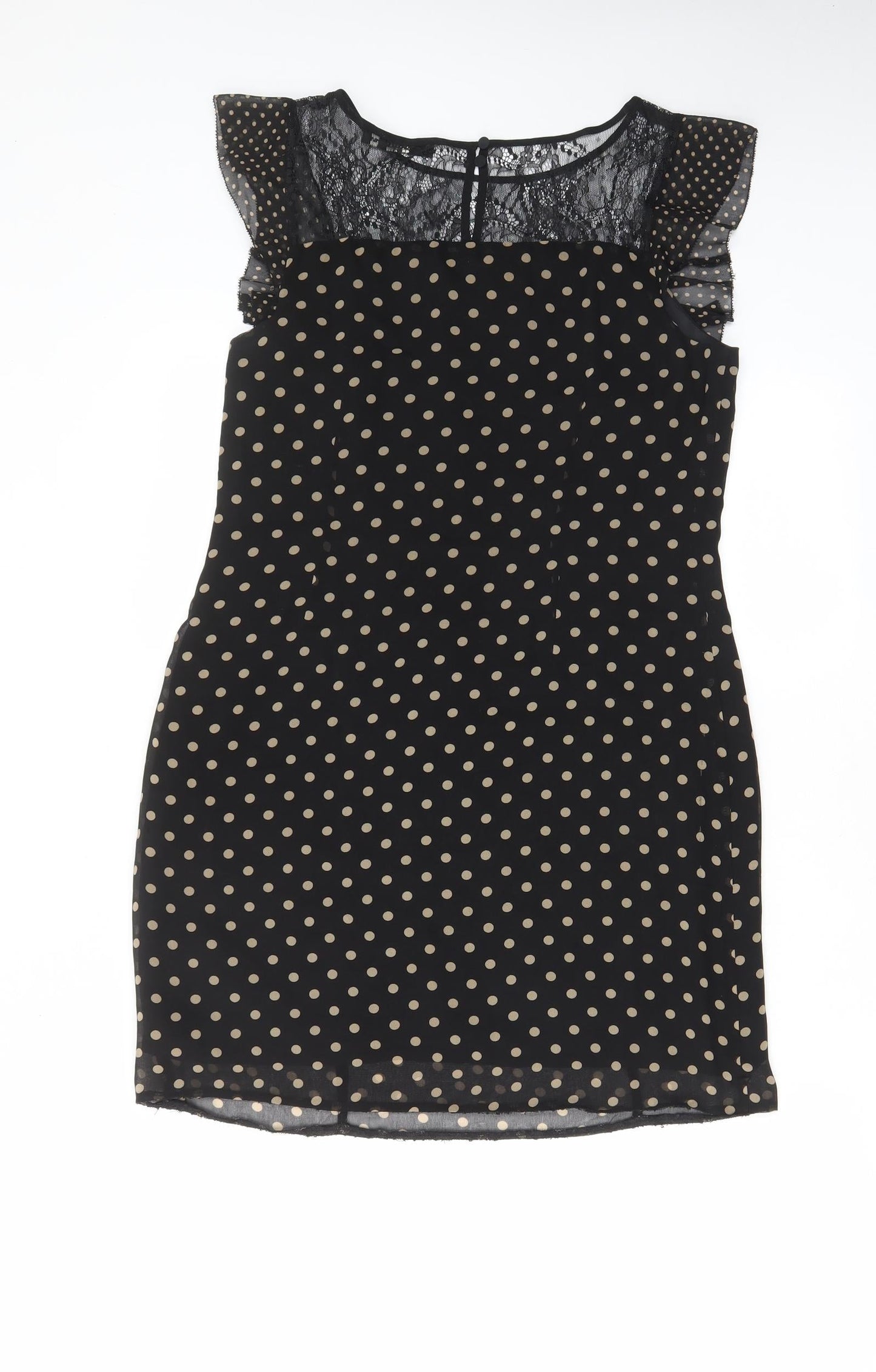 Oasis Womens Black Polka Dot Polyester A-Line Size 10 Boat Neck Button - Lace, Frill