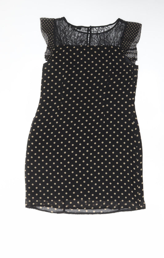 Oasis Womens Black Polka Dot Polyester A-Line Size 10 Boat Neck Button - Lace, Frill